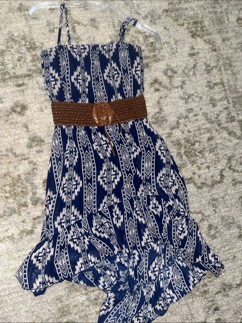 Rue21 Navy & White Printed Smocked Midi Dress with Brown Belt